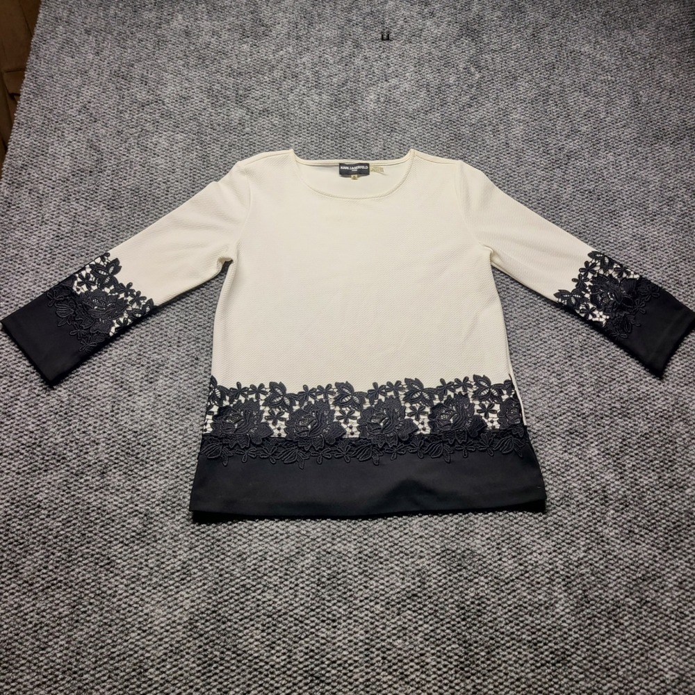 Karl Lagerfeld Paris Women Cream Black Lace Trim Colorblock Blouse Top XS